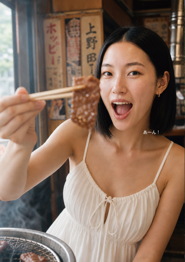 上野の焼肉店で肉をあーんするAINA