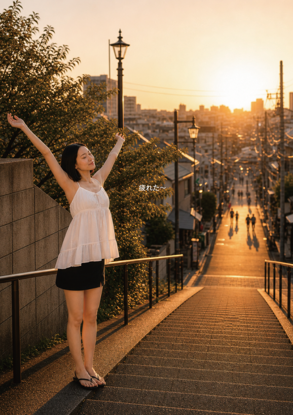 夕日に満足し、長い距離を歩いて疲れたAINA